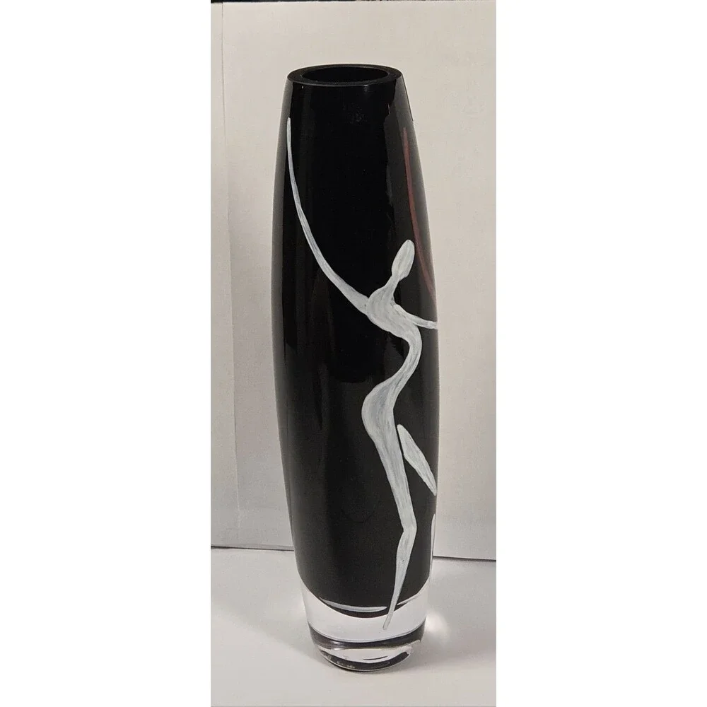 vintage Sasaki Bacchanal Art Glass Vase 11 3/4” Poland Black Hand Painted w/ Box